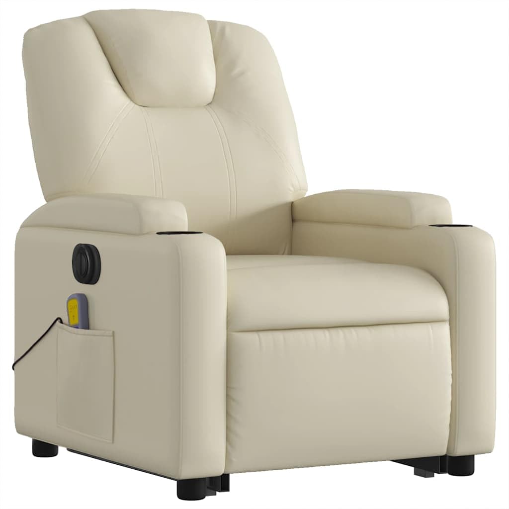 Electric Massage Recliner Chair - Cream Faux Leather Stand-up Armchair with Vibration Massage, Power Lift, Cup Holders for Living Room Comfort