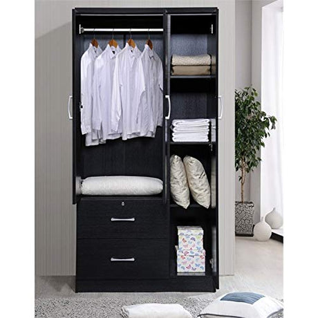 3 Door Armoire with 2 Drawers 3 Shelves in Black