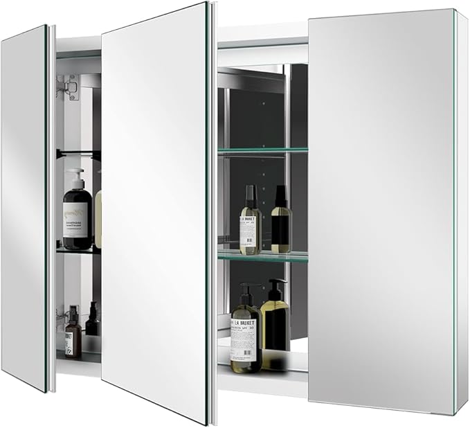 Aluminum Medicine Cabinet with 3 Doors Recessed or Surface Mount Large Bathroom