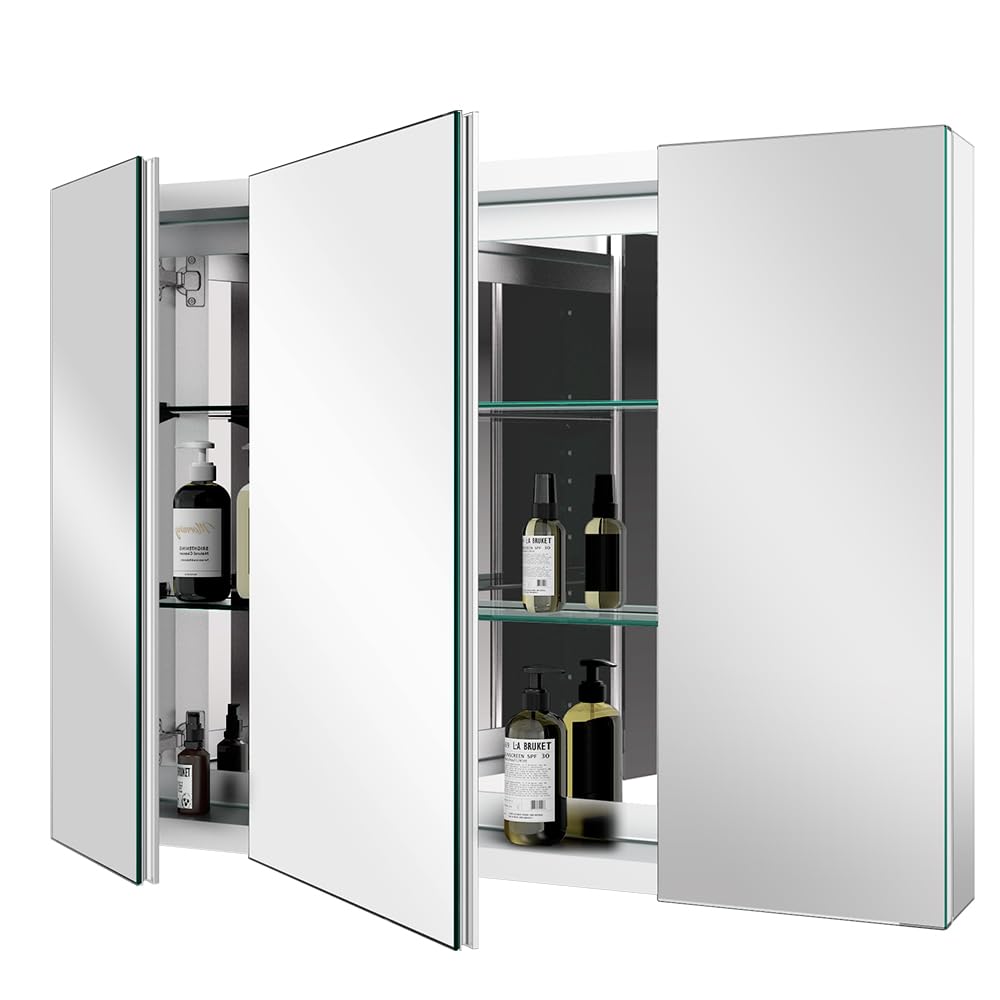 Aluminum Medicine Cabinet with 3 Doors Recessed or Surface Mount Large Bathroom