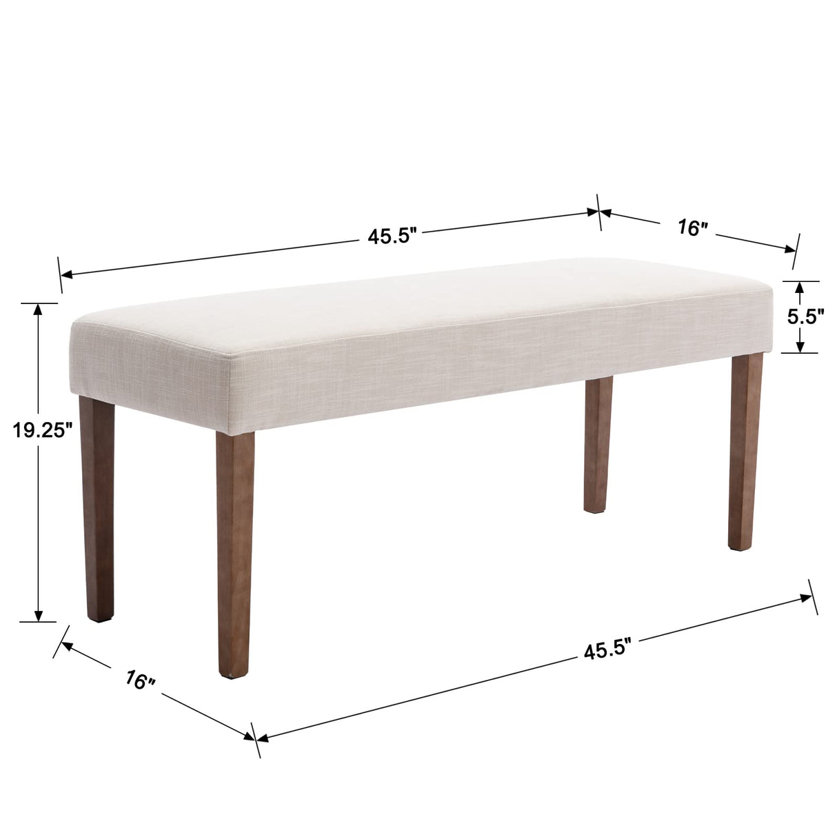 Farmhouse Linen Upholstered Dining Bench, 45" Long Dining Room Bench Seat with NaturalWood Legs,