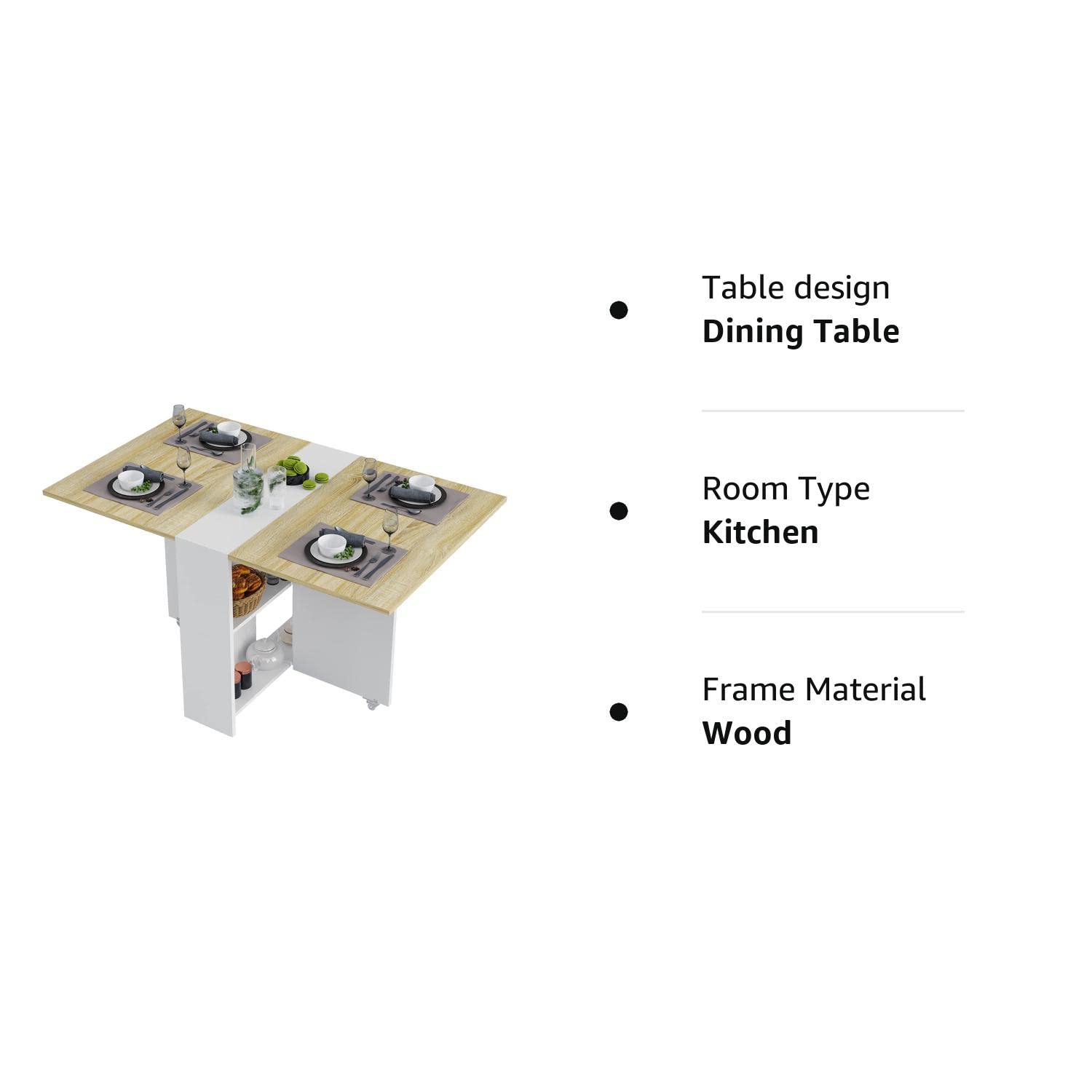 Folding Dining Table, Versatile Dinner Table with 6 Wheels and 2 Storage Racks,