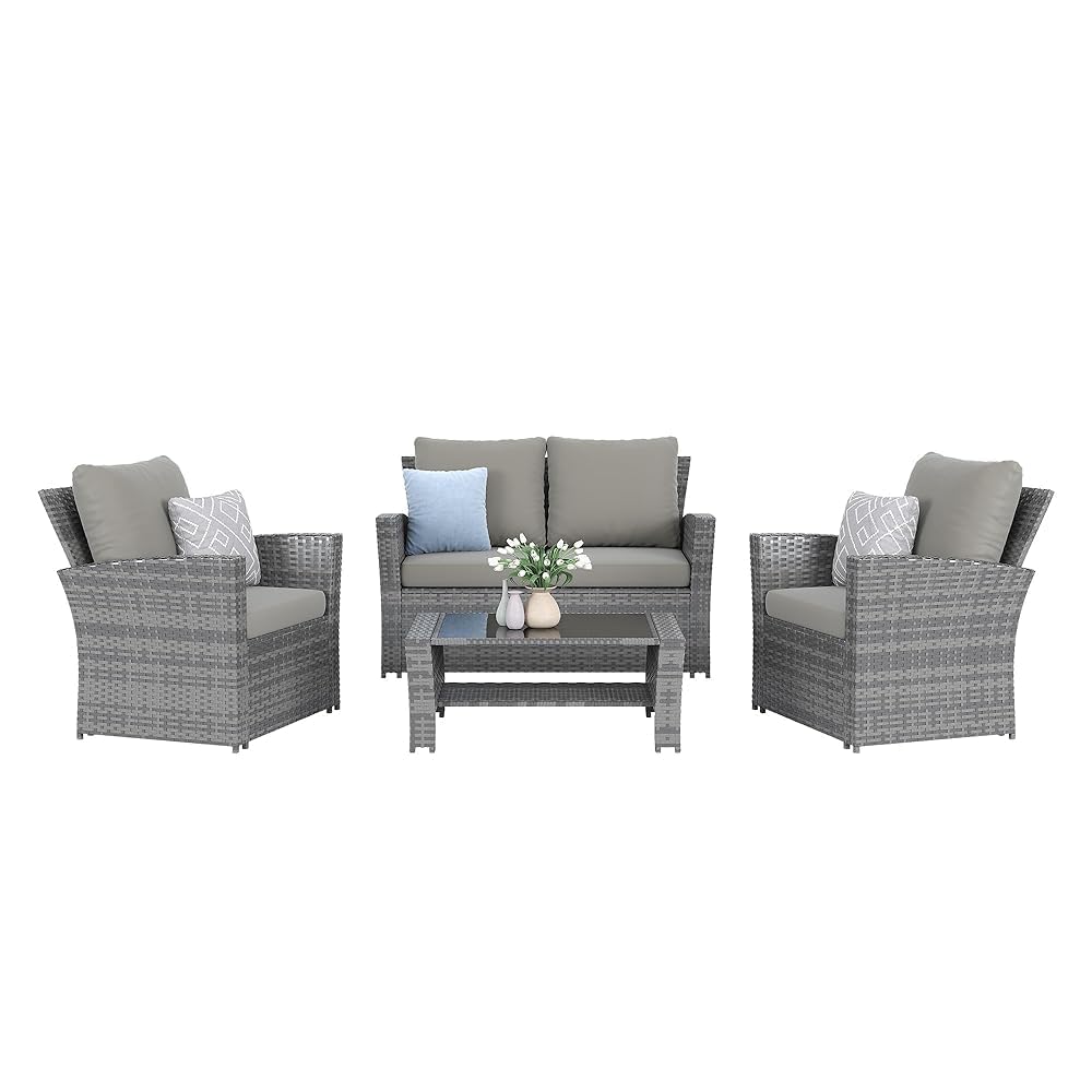 4-Piece Grey Waterproof PE Wicker Outdoor Sectional Sofa Set
