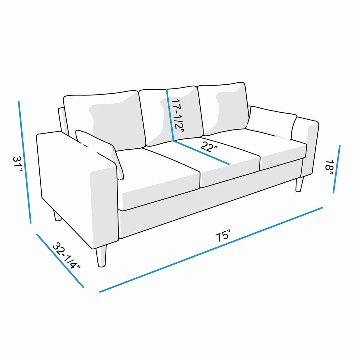 3 Seat Designer Sofa Couch Linen Fabric Wood Legs, Grey