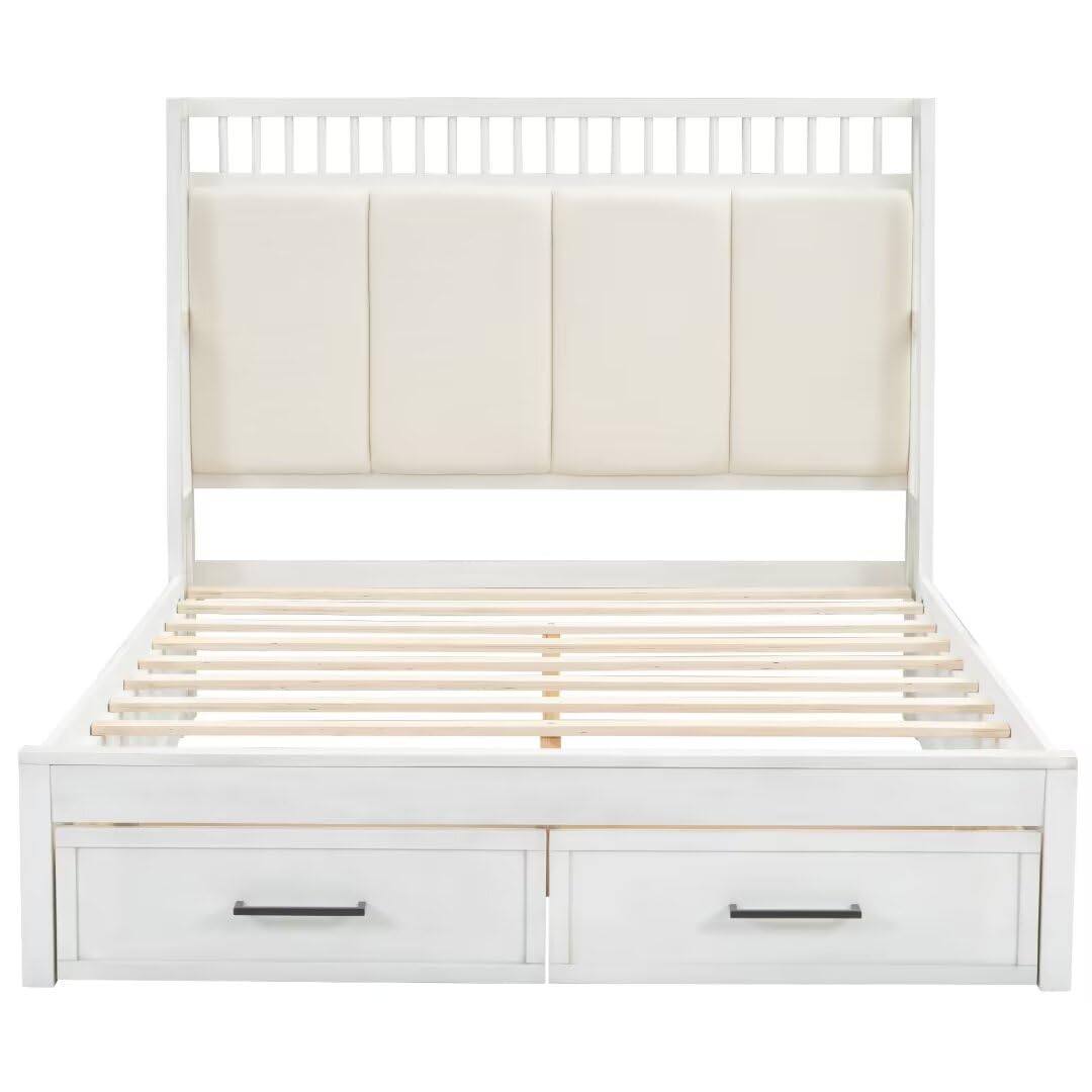JIJIWANG Queen Size Wood Platform Bed with Upholstered Headboard and 2 Drawers, Antique White