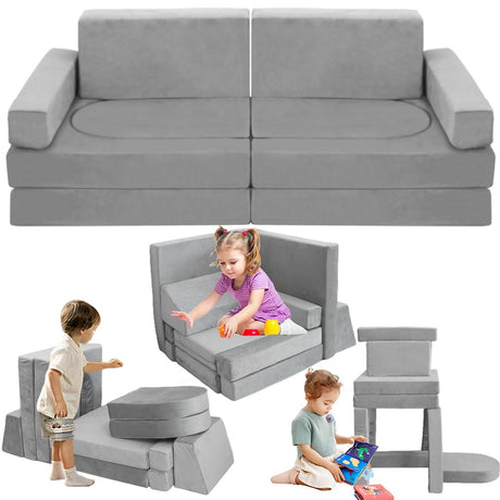 Modular Kids Play Couch Convertible Building Fort Sofa and Cushion 10Pcs Child DIY Floor Sofa for Sleeping Playroom Bedroom for Boys and Girls (Light Gray)