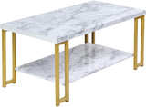 2-Tier White Marble Coffee Table, Rectangular Faux Marble Coffee Table with Storage Shelf, Sturdy Gold-