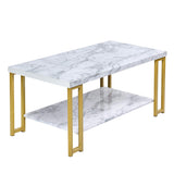 2-Tier White Marble Coffee Table, Rectangular Faux Marble Coffee Table with Storage Shelf, Sturdy Gold-