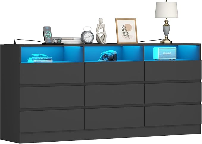 9 Drawer Dresser with Power Outlet and LED Light, Modern Storage Dresser