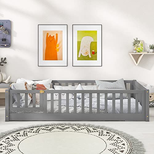 Platform Bed with Fence, Wooden Playpen Bed for Kids, Kids Fence Bed with Door, No Box Spring Needed (Grey)