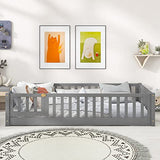 Platform Bed with Fence, Wooden Playpen Bed for Kids, Kids Fence Bed with Door, No Box Spring Needed (Grey)