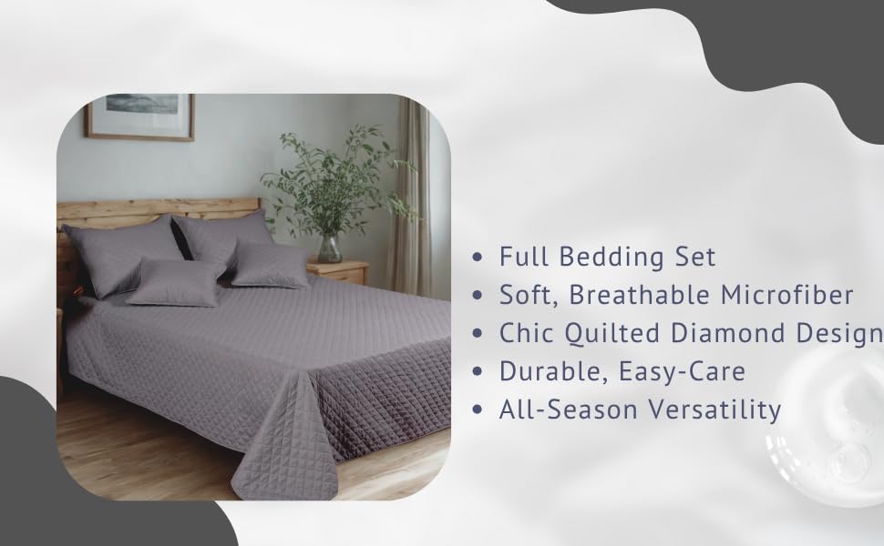 5-Piece Grey Quilted Bedspread Set - Queen Size Diamond Stitch Coverlet