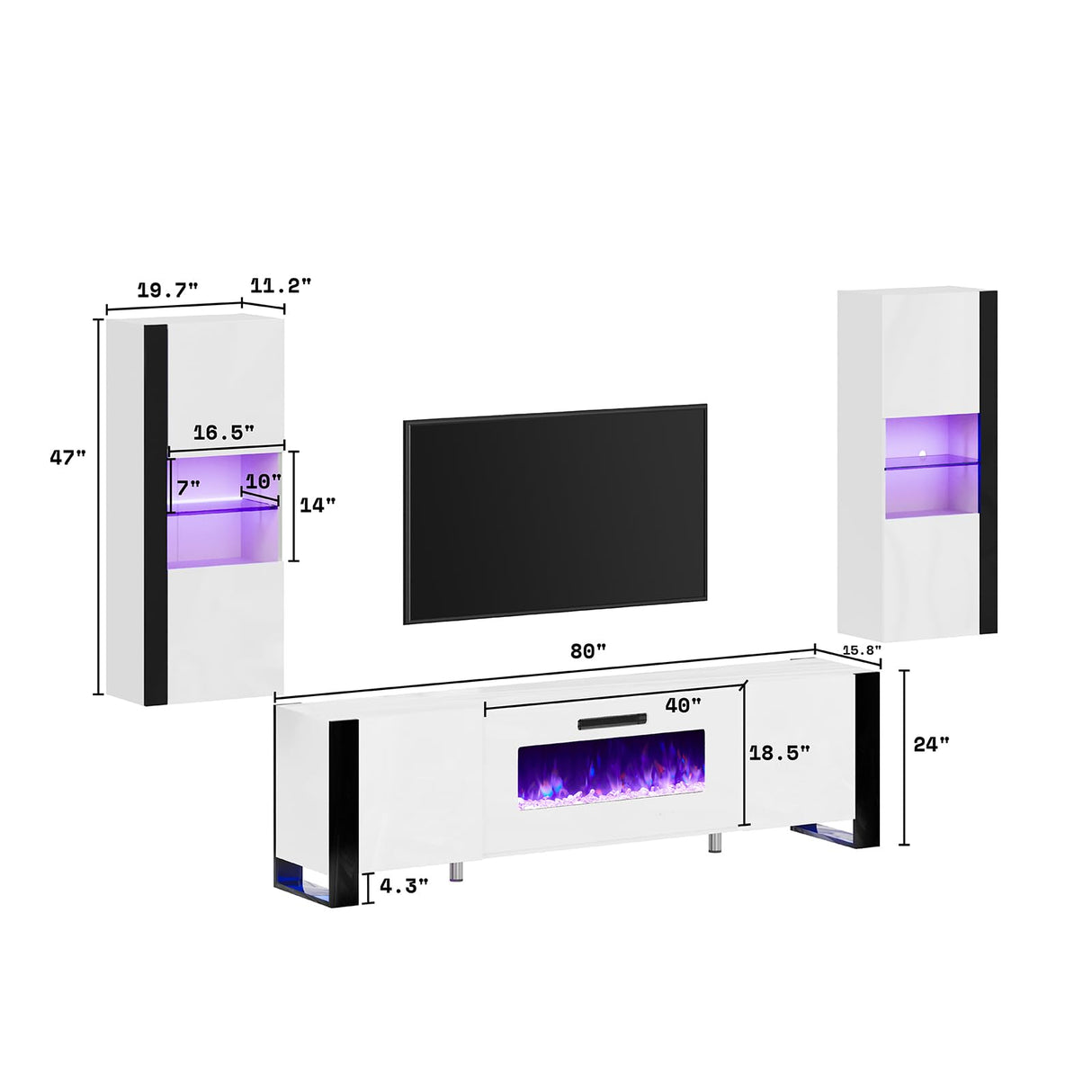 3-Piece Modern Wall Unit Entertainment Center Set, High Gloss 80" Fireplace