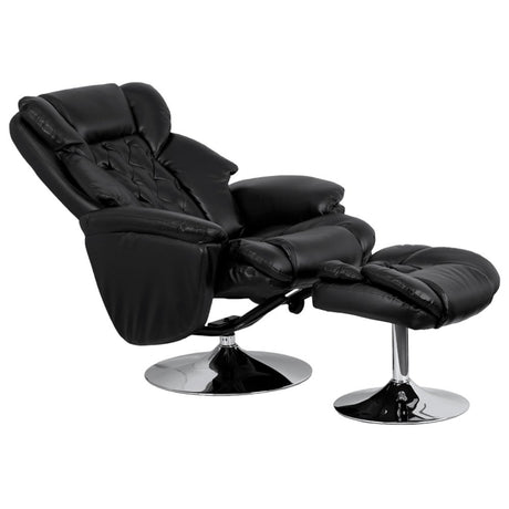 Wills Transitional Multi-Position Recliner and Ottoman with Chrome Base in Black Leather