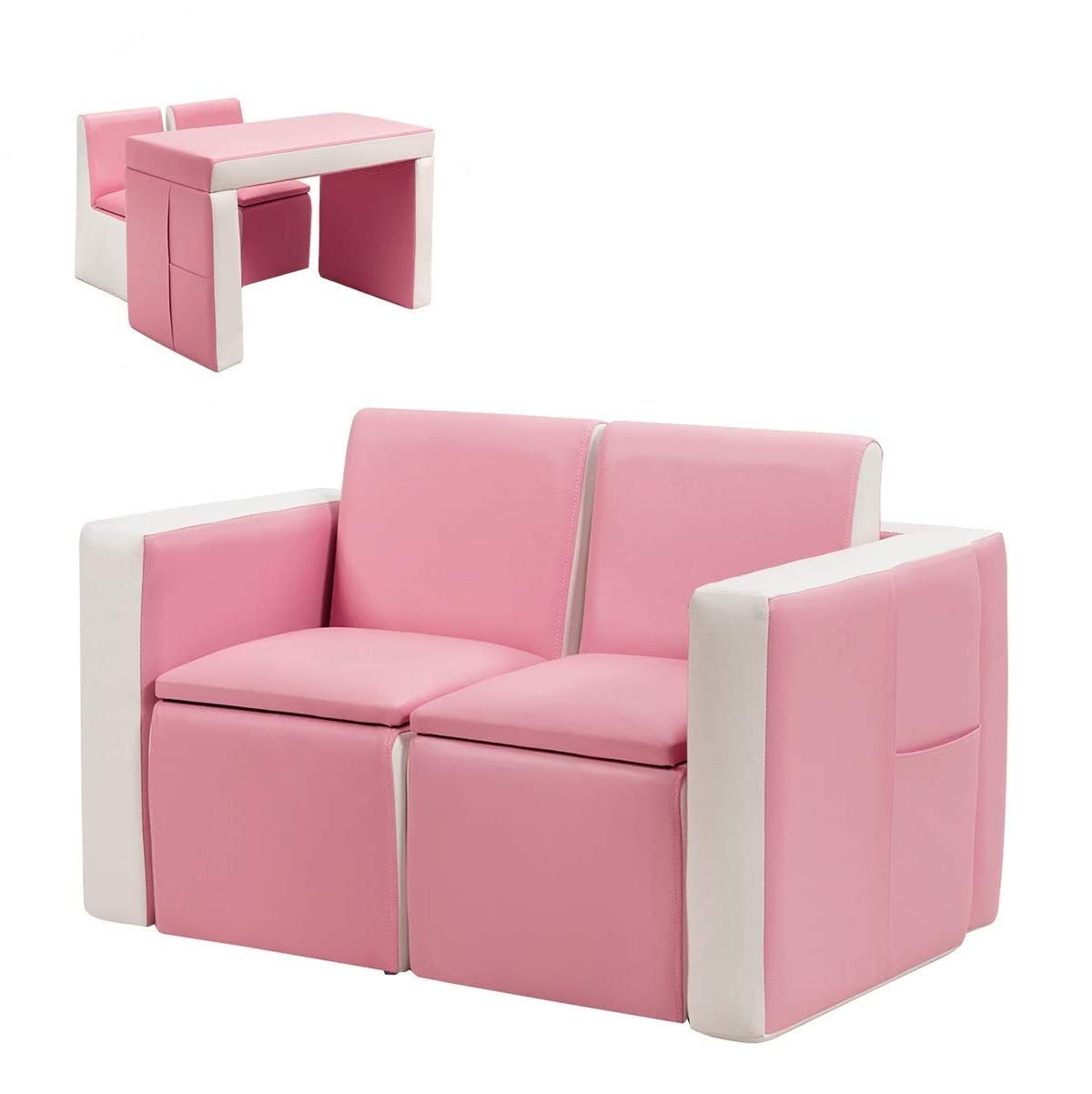 Couch, 2 in 1 Double Seat Children's Sofa Convert to Table and Two Chairs for School, Storage Space, PVC Surface, Large Soft Kids Preschool Sofa Couch for Boys Girls Gifts (Pink)