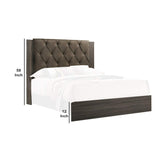 Bed with Button Tufted Headboard, Gray and Brown