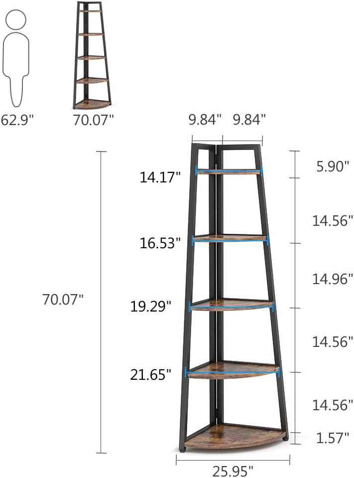 70 inch Tall Corner Shelf, 5 Tier Rustic Corner Bookshelf Bookcase Industrial Corner Ladder Shelf Plant Stand for Living Room, Kitchen, Home Office (Brown)