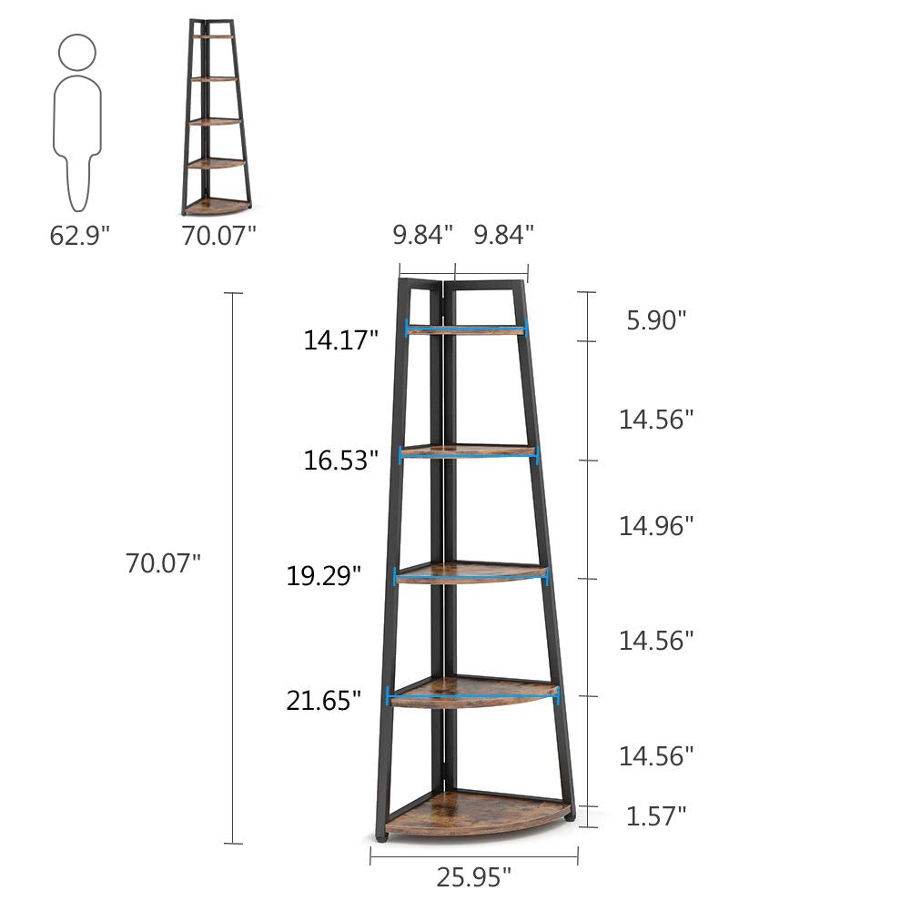 70 inch Tall Corner Shelf, 5 Tier Rustic Corner Bookshelf Bookcase Industrial Corner Ladder Shelf Plant Stand for Living Room, Kitchen, Home Office (Brown)