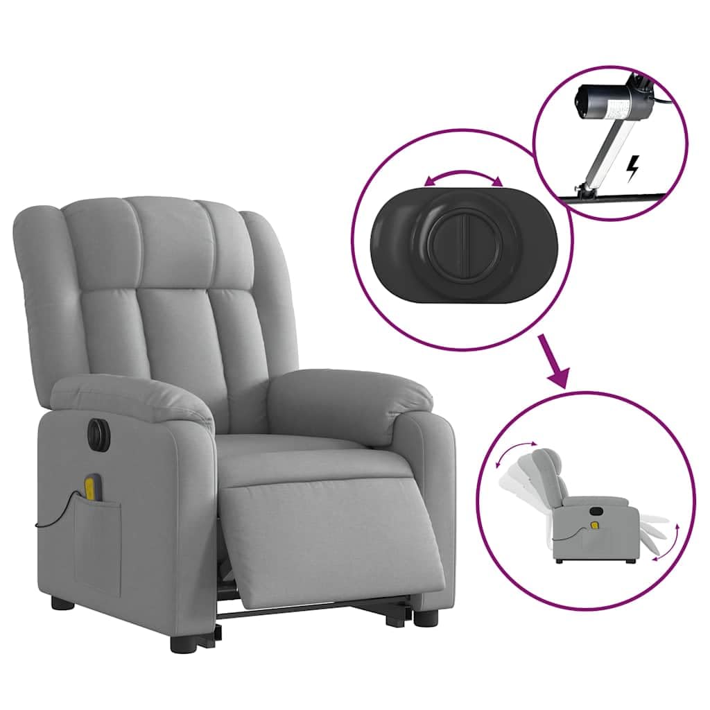 Electric Massage Recliner Chair - Power Lift, Motorized Footrest/Backrest, Vibration Massage, Plush Fabric Seating, Light Gray