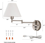 Swing Arm Wall Sconces, Plug-in Wall lamp,Bedroom Wall lamp ， White Fabric Shade，，with dimmable Switch and USB Charging Port, Suitable for Bedside, Living Room, Reading (Nickel)
