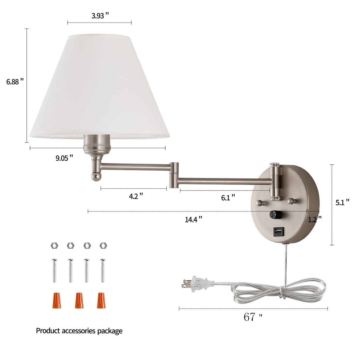 Swing Arm Wall Sconces, Plug-in Wall lamp,Bedroom Wall lamp ， White Fabric Shade，，with dimmable Switch and USB Charging Port, Suitable for Bedside, Living Room, Reading (Nickel)
