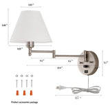 Swing Arm Wall Sconces, Plug-in Wall lamp,Bedroom Wall lamp ， White Fabric Shade，，with dimmable Switch and USB Charging Port, Suitable for Bedside, Living Room, Reading (Nickel)