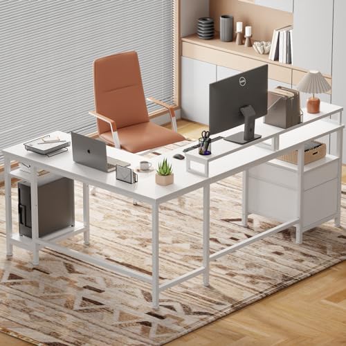 Furologee White 66" L Shaped Desk with Shelves, Reversible Corner Computer Desk with File Drawer & Dual Monitor Stand, Large Home Office Desk Writing Study Gaming Table Workstation