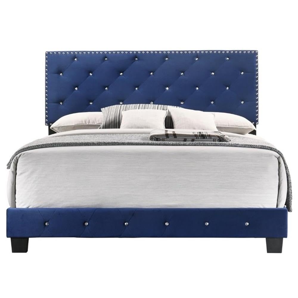 Suffolk Velvet Upholstered Queen Bed in Navy Blue