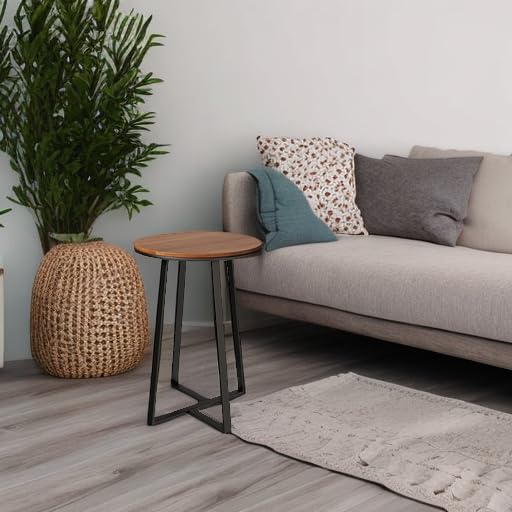 Round End Tables, Small Side Table Walnut Color MDF Top, Metal Frame Black