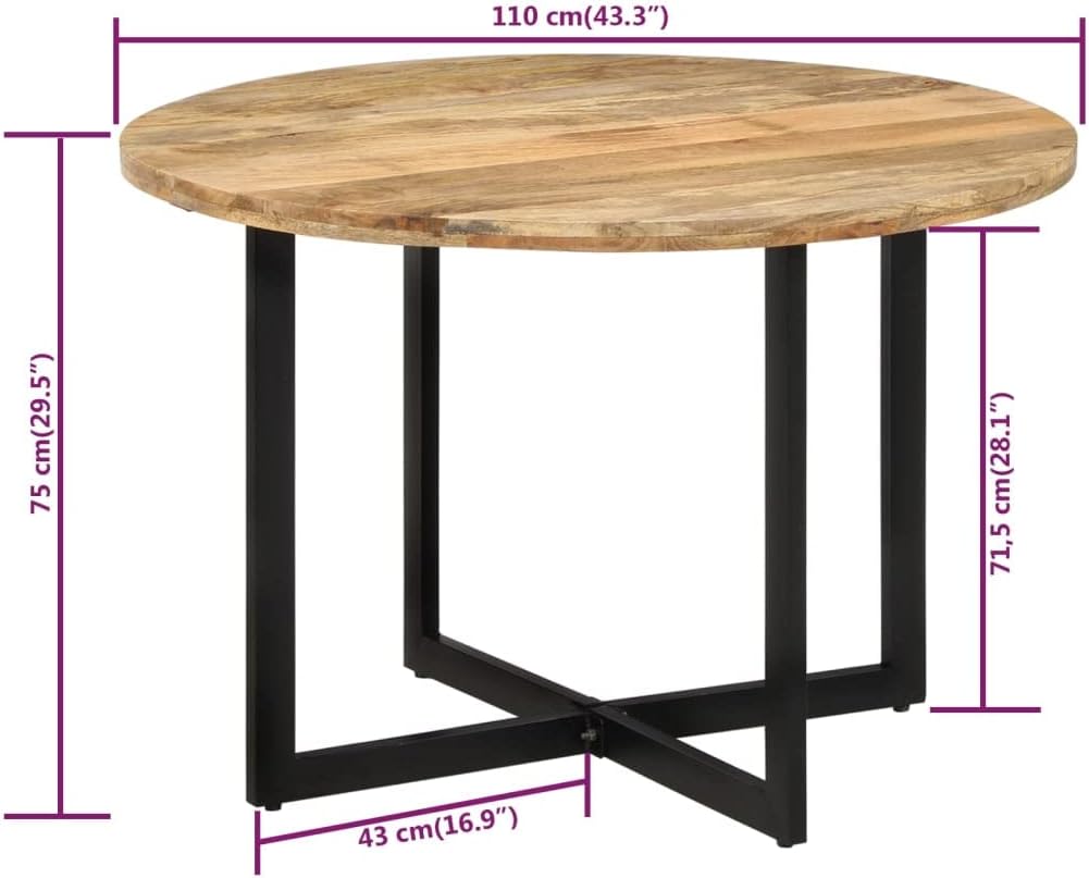 vidaXL Mango Wood Dining Table with Powder-Coated Iron Frame - Retro Style Versatile Dinner Table, 43.3" diameter