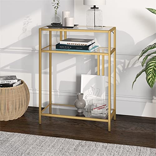 22" Wide Rectangular Console Table with Glass Shelves in Brass, Entryway Table