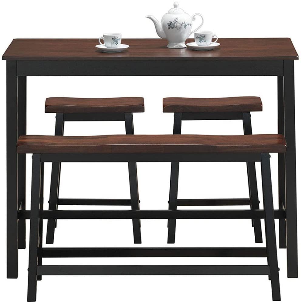 4-Piece Solid Wood Dining Table Set, Counter Height Table w/ 1 Bench & 2 Saddle Stools,