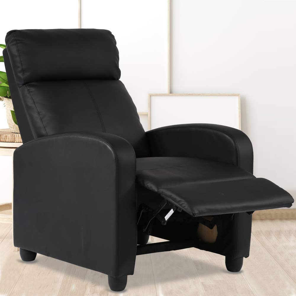 Chair for Living Room Padded Wide Seat Sofa PU Leather Reclining Chair with Footrest & Backrest, Wingback Heavy Duty Modern Single Sofa Home Theater Seating Easy Lounge, Black