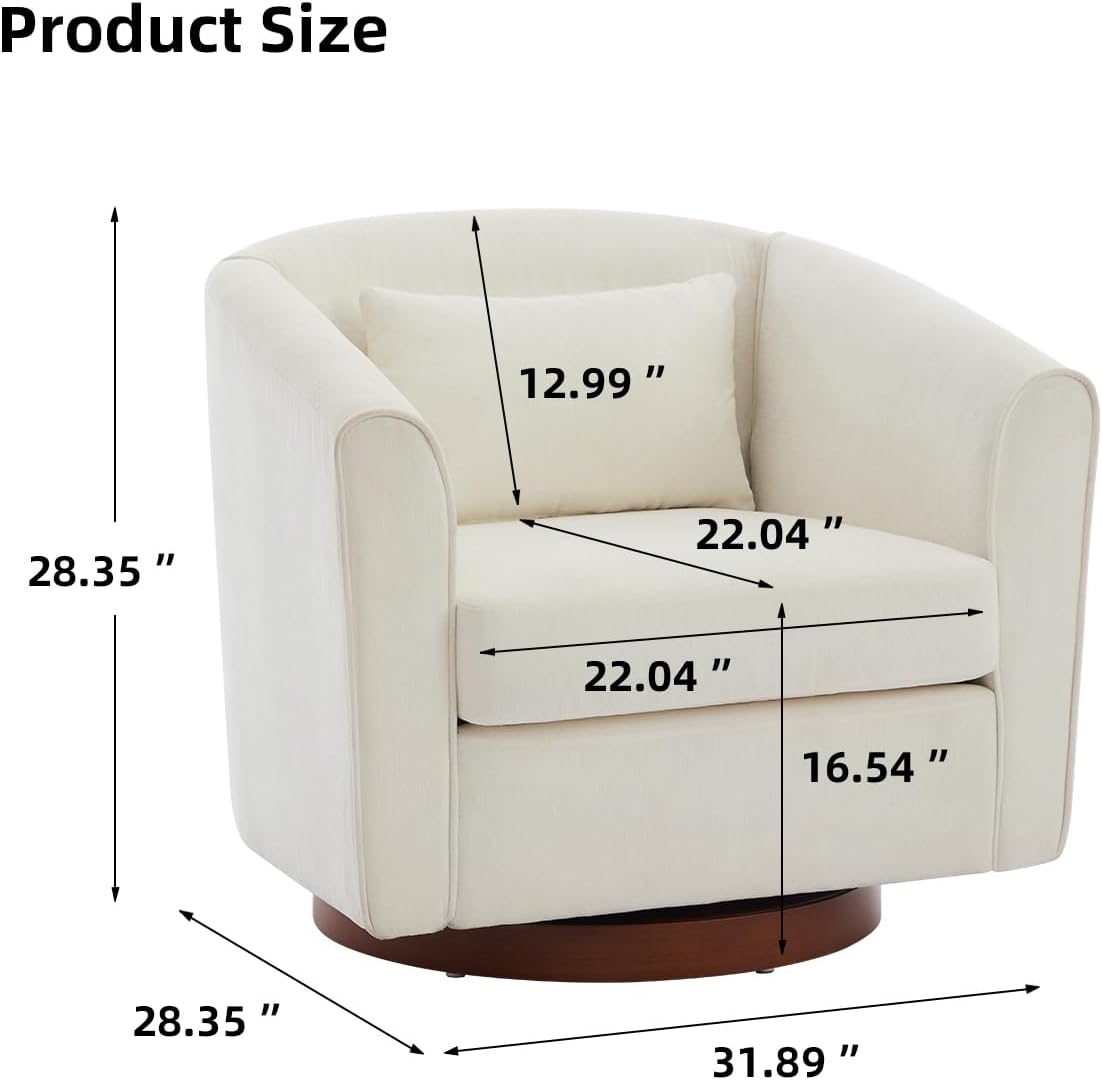 HANLIVES Swivel Accent Chair,Chenille Single Barrel Chairs with Wood Base Side,Comfy Swivel Accent Chair with Wide Upholstered for Living Room Bedroom(White)