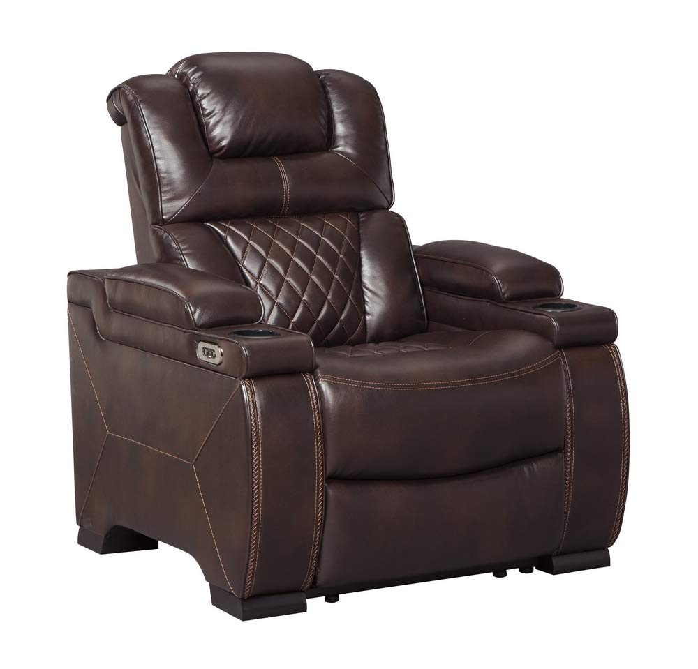 Warnerton Faux Leather Power Recliner with Adjustable Headrest, Brown