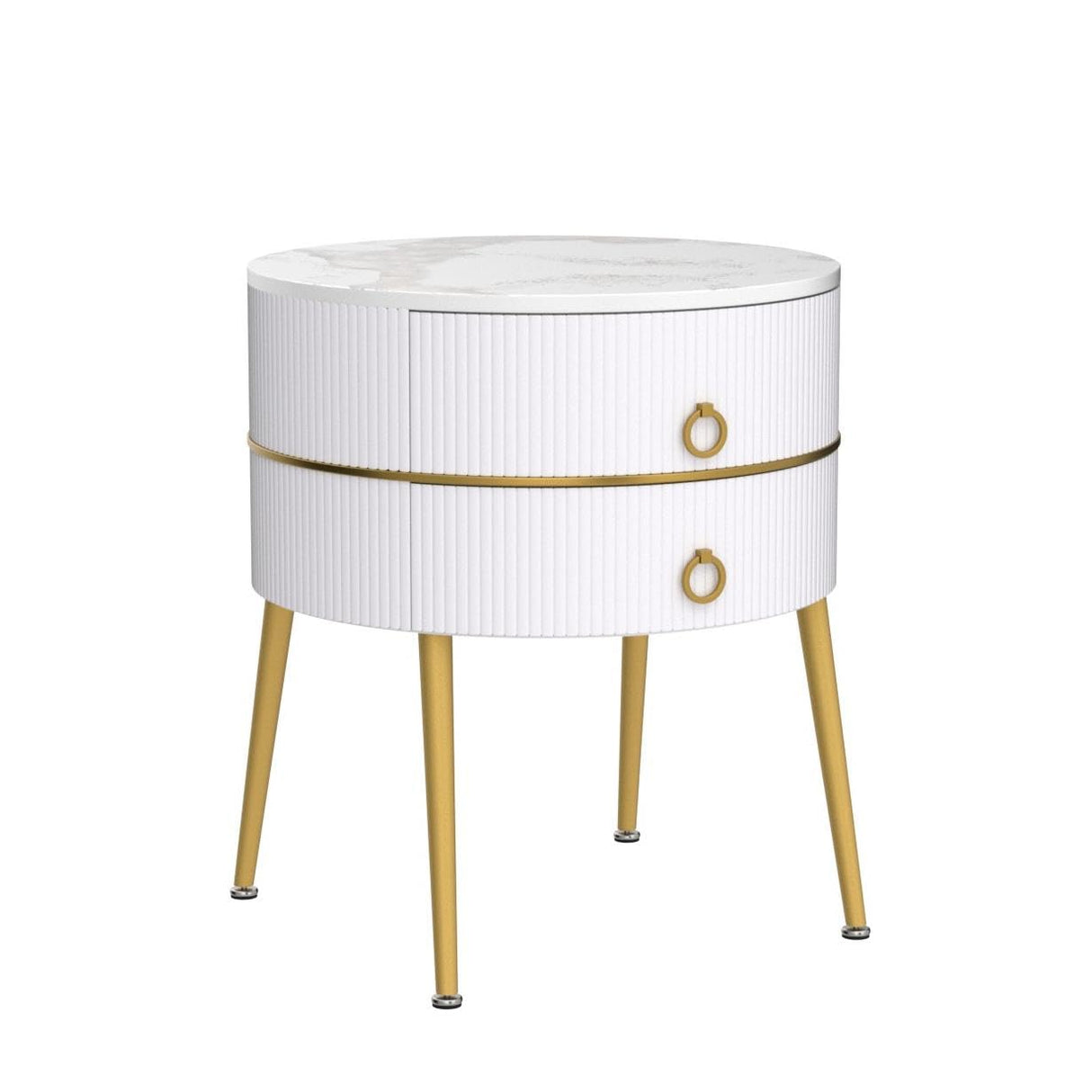 Marble Round End Table, Modern Nightstand Table with 2 Drawers