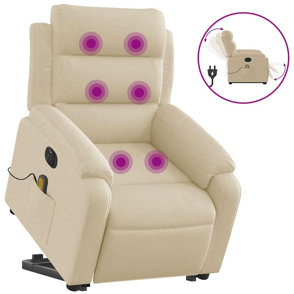 Massage Recliner Chair - Power Lift, Reclining Armchair with Vibration Massage, Side Pocket, Cream Fabric for Elderly Comfort in Home Use