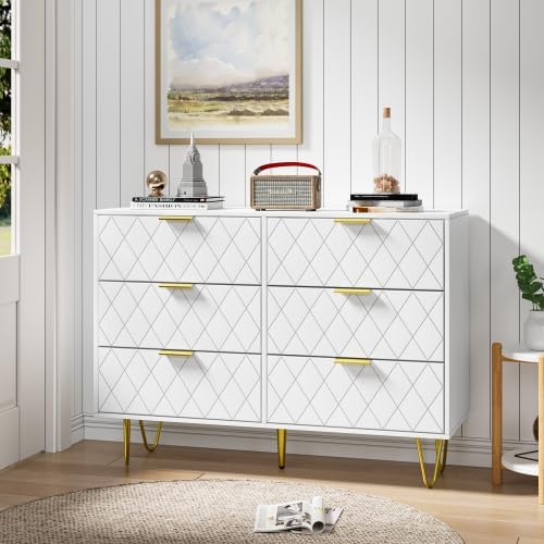 Modern Dresser for Bedroom, 6 Drawer Double Dresser with Gold Handles