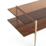 Layer Glass Coffee Table for Living Room, Brown Glass & Coffee Brown MDF Bottom Shelf