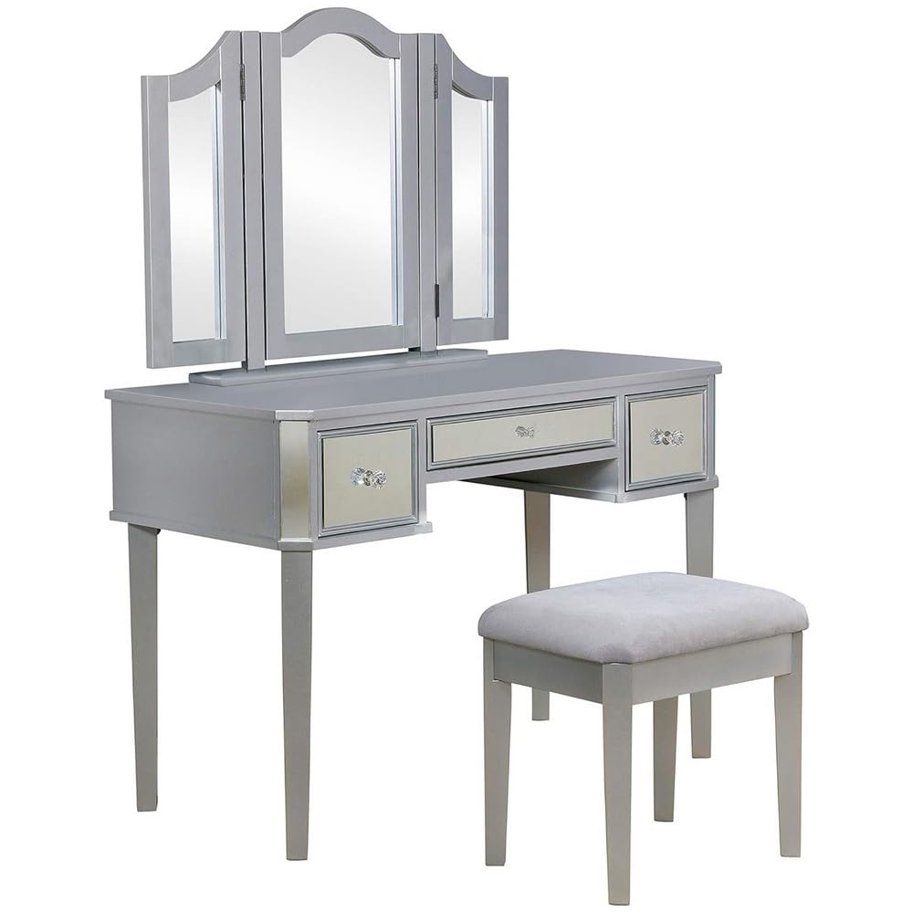 Vanity Desk with Stool, Drawers, 3 Sided Mirrors, Wood Frame, Silver and Gray