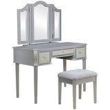 Vanity Desk with Stool, Drawers, 3 Sided Mirrors, Wood Frame, Silver and Gray