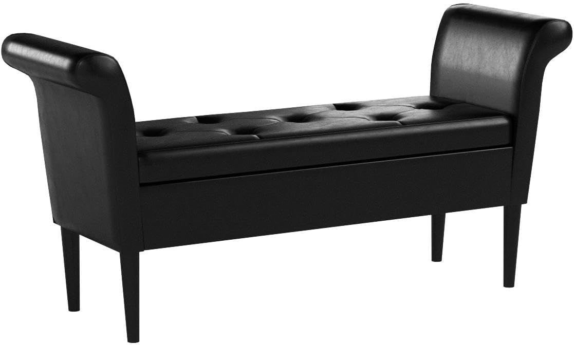 Black Faux Leather Storage Ottoman Bench with Arms PU Upholstered Tufted Storage Benches for Bedroom Entryway Living Room