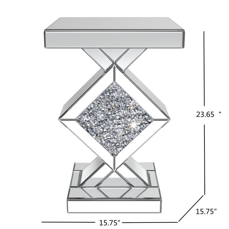 Mirrored End Table with Crystal Inlay, Square Modern Side Table Silver Accent Table