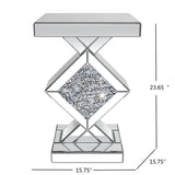 Mirrored End Table with Crystal Inlay, Square Modern Side Table Silver Accent Table