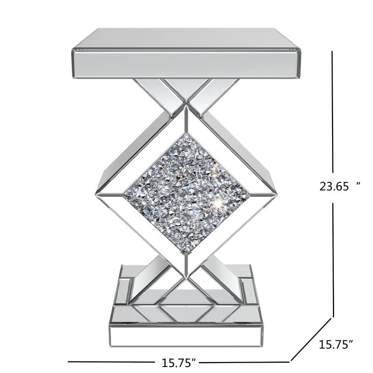 Mirrored End Table with Crystal Inlay, Square Modern Side Table Silver Accent Table