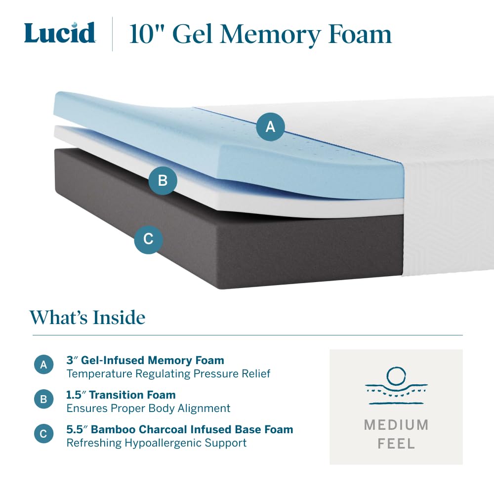 LUCID 10 Inch Memory Foam Mattress - Medium Feel - Infused with Bamboo Charcoal and Gel - Bed in a Box - Temperature Regulating - Pressure Relief - Breathable - Full Size