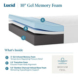 LUCID 10 Inch Memory Foam Mattress - Medium Feel - Infused with Bamboo Charcoal and Gel - Bed in a Box - Temperature Regulating - Pressure Relief - Breathable - Full Size