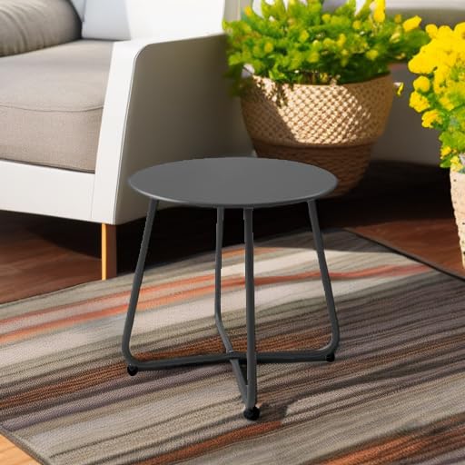 Meluvici Patio Small Side Table Waterproof Round Metal Steel Weather Resistant Portable Outdoor and Indoor End Table for Garden Balcony Yard, Black - Bircata