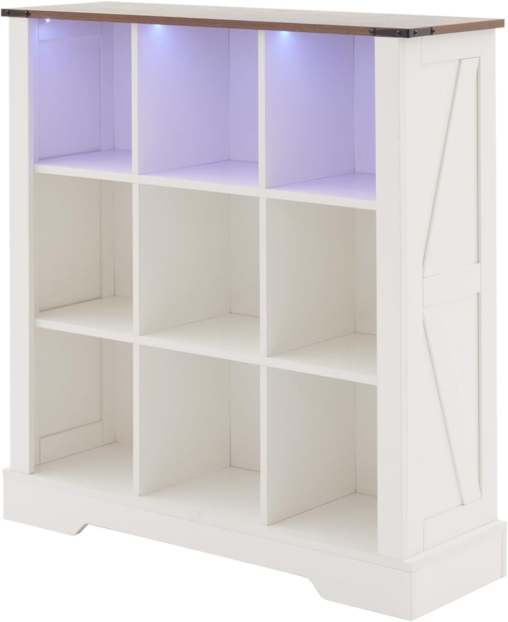 Cube Bookcase with Led Lights, 3 Tier Vintage Wood Bookshelf, Display Cabinet for Home Office, Living Room, Bedroom (White, 9)
