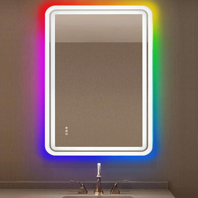 32x40'' LED Bathroom Mirror for Wall, Rounded Lighted Bathroom Mirror RGB Backlit and Frontlit